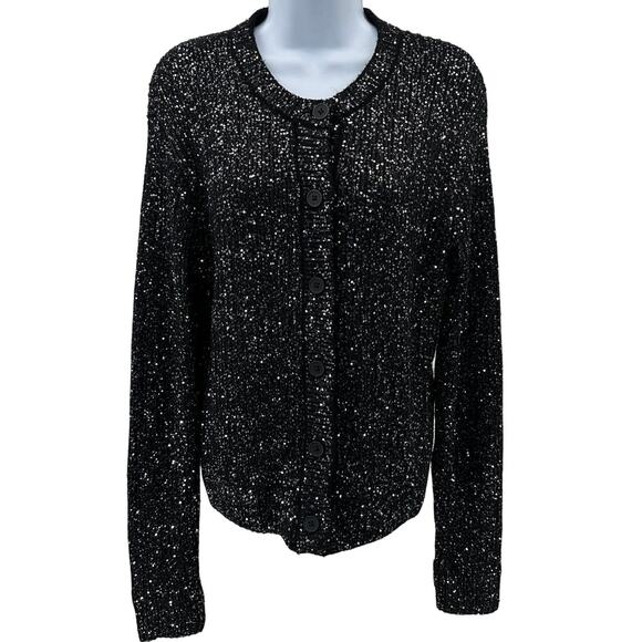 Future Collective Sweater WMNS M Black Knit Sequined Sparkle Button Up Stretchy - Picture 1 of 11